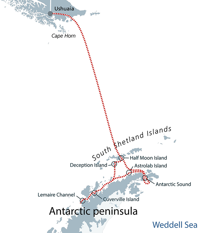 Ocean Nova Wildlife Photography Expedition to Antarctica and the peninsula; proposed route map;